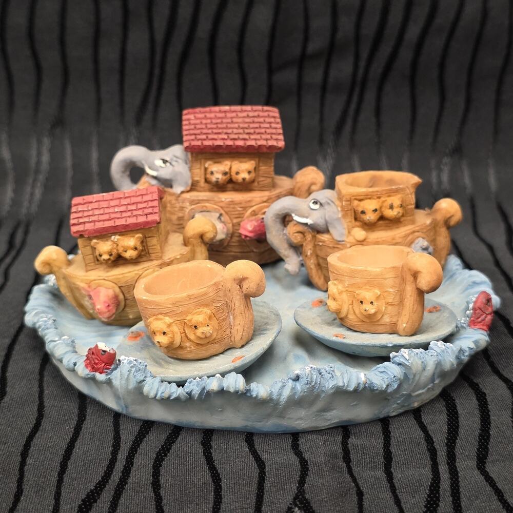 Handmade Noahs Ark Miniature Tea Set Animal Figurines Folk Art Decor